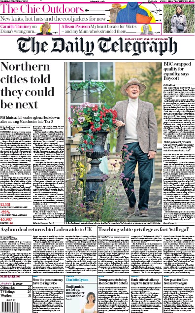 The Daily Telegraph Newspaper Front Page (UK) for 21 October 2020