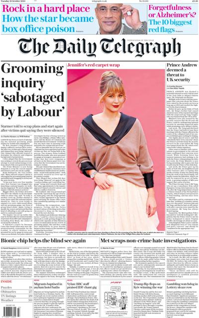The Daily Telegraph Newspaper Front Page (UK) for 21 October 2025