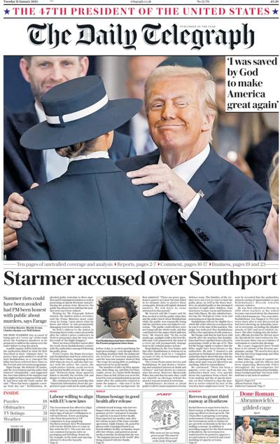 The Daily Telegraph Newspaper Front Page (UK) for 21 January 2025