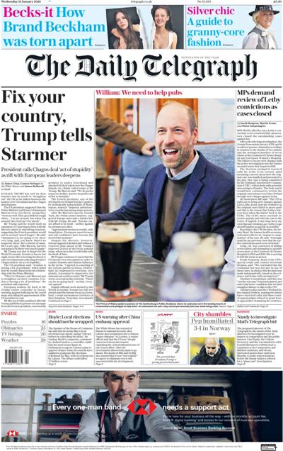 The Daily Telegraph Newspaper Front Page (UK) for 21 January 2026