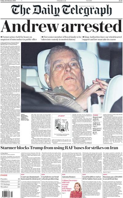 The Daily Telegraph Newspaper Front Page (UK) for 21 February 2026