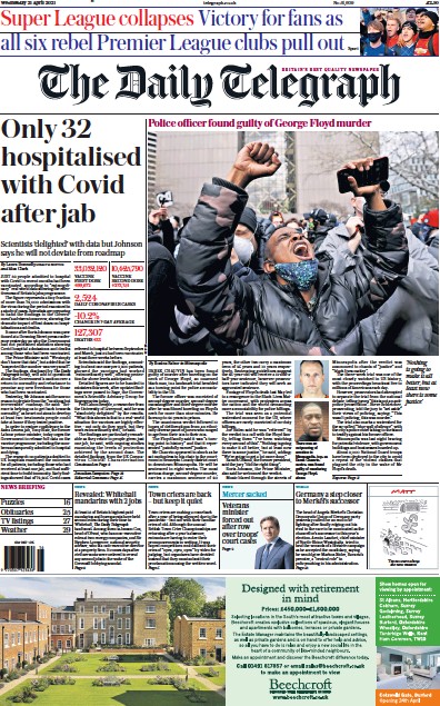 The Daily Telegraph Newspaper Front Page (UK) for 21 April 2021