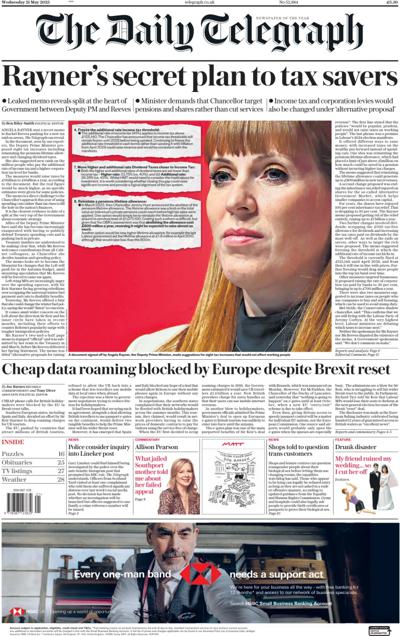 The Daily Telegraph Newspaper Front Page (UK) for 21 May 2025