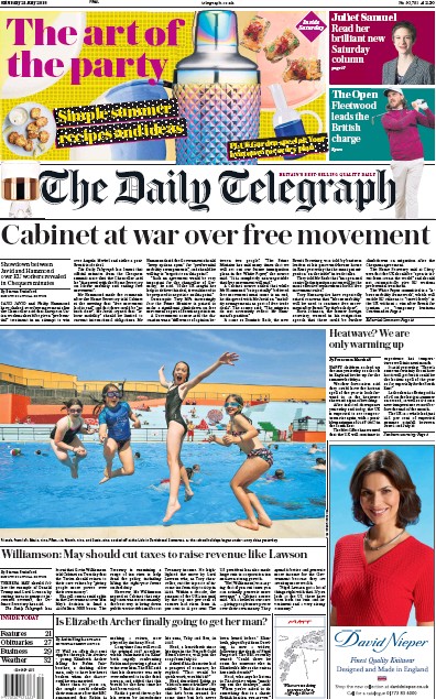 The Daily Telegraph Newspaper Front Page (UK) for 21 July 2018