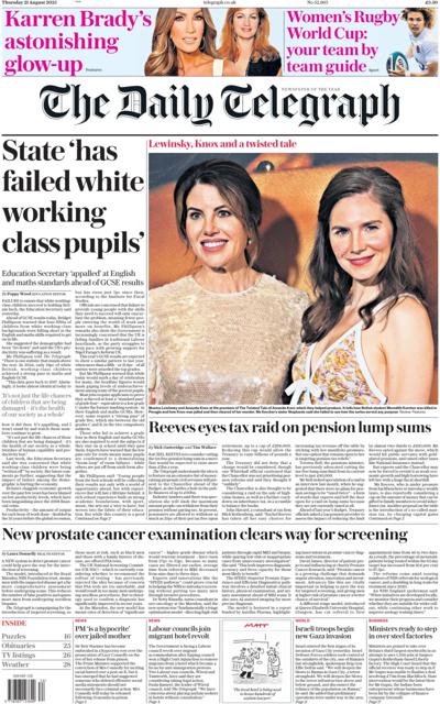 The Daily Telegraph Newspaper Front Page (UK) for 21 August 2025