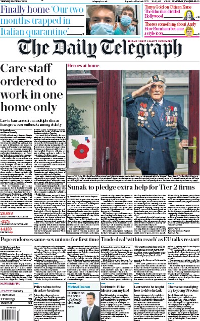 The Daily Telegraph Newspaper Front Page (UK) for 22 October 2020