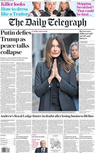 The Daily Telegraph Newspaper Front Page (UK) for 22 October 2025