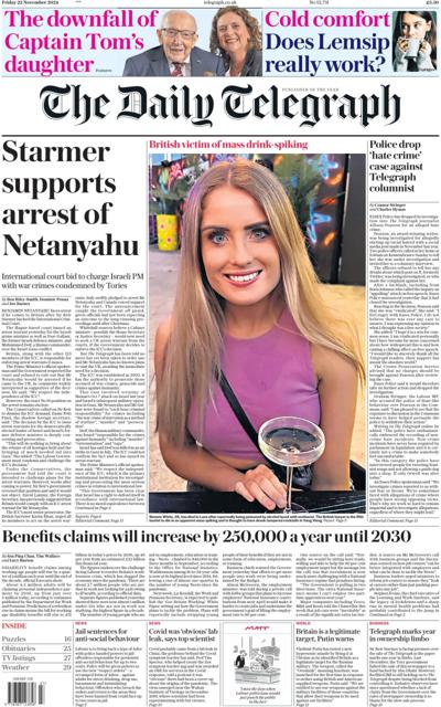 The Daily Telegraph Newspaper Front Page (UK) for 22 November 2024