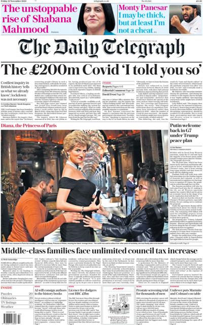 The Daily Telegraph Newspaper Front Page (UK) for 22 November 2025