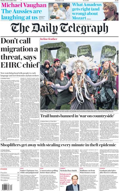 The Daily Telegraph Newspaper Front Page (UK) for 22 December 2025
