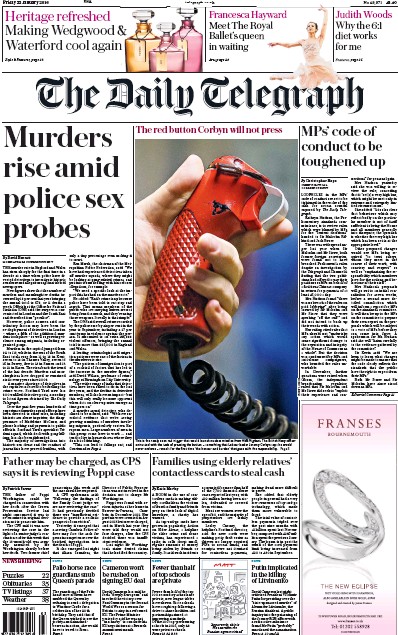 The Daily Telegraph Newspaper Front Page (UK) for 22 January 2016