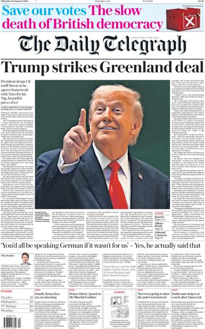 The Daily Telegraph Newspaper Front Page (UK) for 22 January 2026