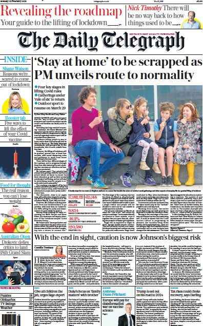 The Daily Telegraph Newspaper Front Page (UK) for 22 February 2021