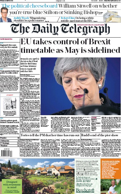 The Daily Telegraph Newspaper Front Page (UK) for 22 March 2019