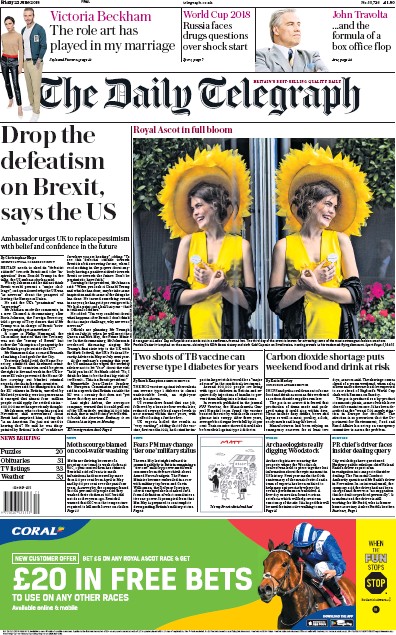 The Daily Telegraph Newspaper Front Page (UK) for 22 June 2018