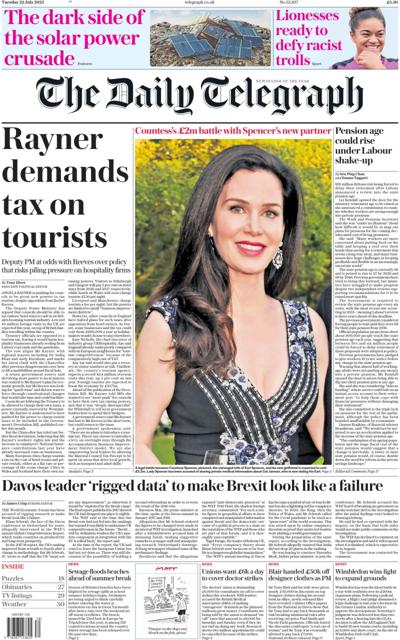 The Daily Telegraph Newspaper Front Page (UK) for 22 July 2025