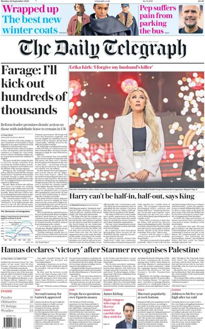 The Daily Telegraph Newspaper Front Page (UK) for 22 September 2025