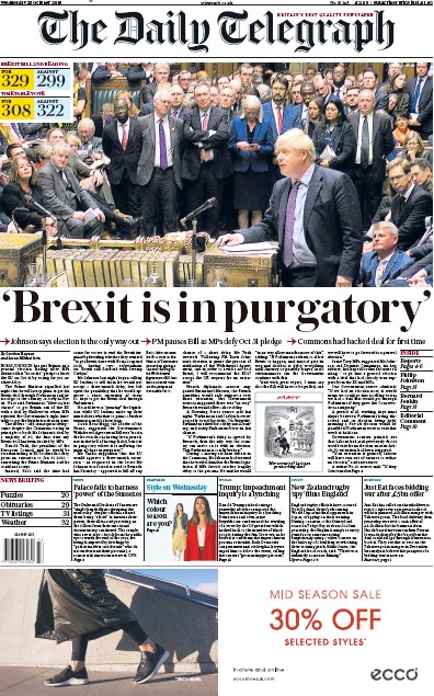 The Daily Telegraph Newspaper Front Page (UK) for 23 October 2019