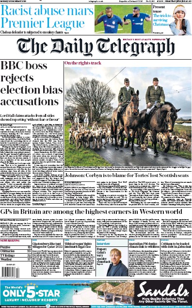 The Daily Telegraph Newspaper Front Page (UK) for 23 December 2019