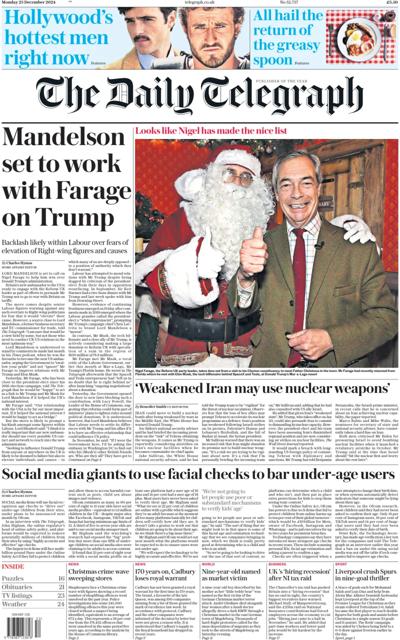 The Daily Telegraph Newspaper Front Page (UK) for 23 December 2024