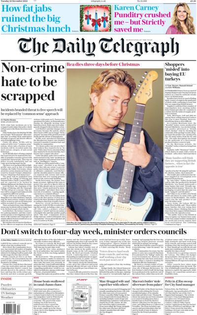 The Daily Telegraph Newspaper Front Page (UK) for 23 December 2025