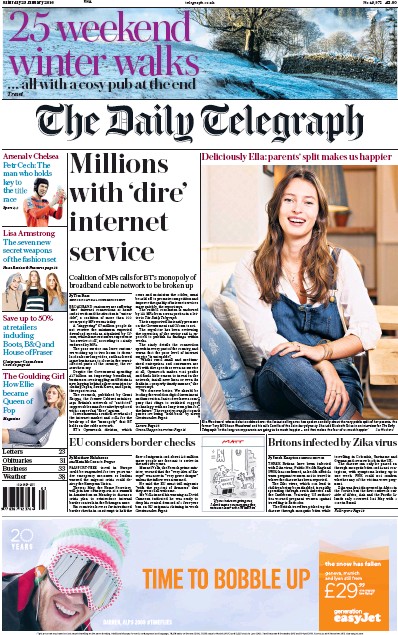 The Daily Telegraph Newspaper Front Page (UK) for 23 January 2016