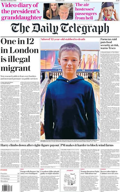 The Daily Telegraph Newspaper Front Page (UK) for 23 January 2025