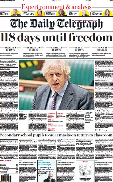 The Daily Telegraph Newspaper Front Page (UK) for 23 February 2021