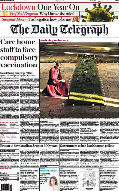 The Daily Telegraph Newspaper Front Page (UK) for 23 March 2021