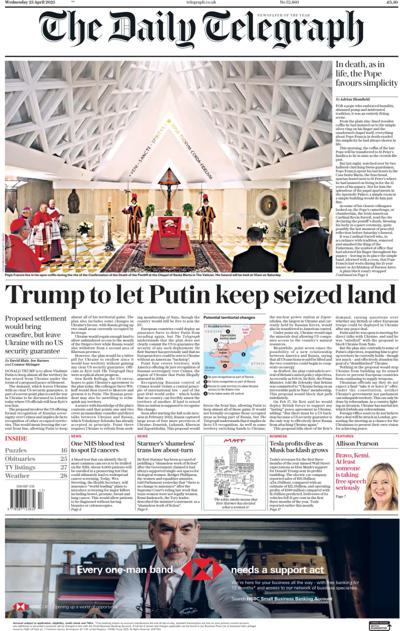 The Daily Telegraph Newspaper Front Page (UK) for 23 April 2025