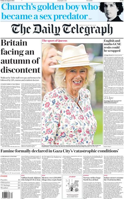 The Daily Telegraph Newspaper Front Page (UK) for 23 August 2025