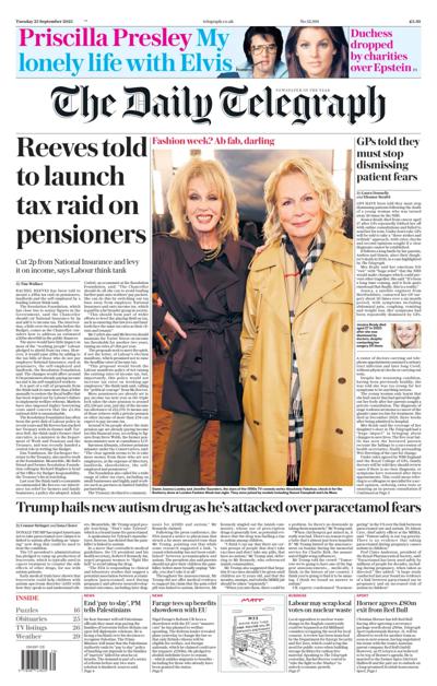 The Daily Telegraph Newspaper Front Page (UK) for 23 September 2025