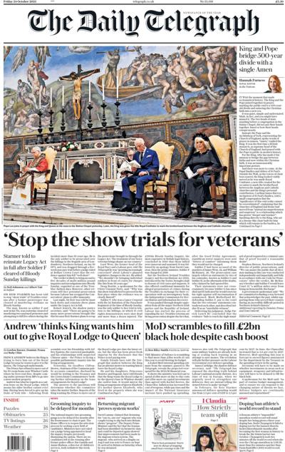 The Daily Telegraph Newspaper Front Page (UK) for 24 October 2025