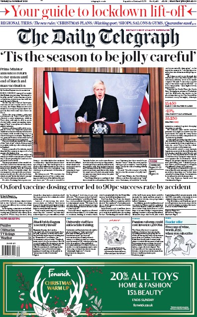 The Daily Telegraph Newspaper Front Page (UK) for 24 November 2020