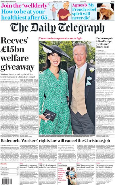 The Daily Telegraph Newspaper Front Page (UK) for 24 November 2025