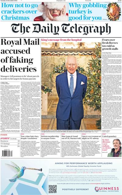 The Daily Telegraph Newspaper Front Page (UK) for 24 December 2024