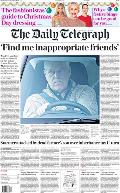 The Daily Telegraph Newspaper Front Page (UK) for 24 December 2025