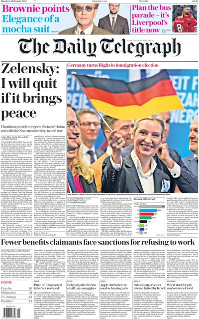 The Daily Telegraph Newspaper Front Page (UK) for 24 February 2025