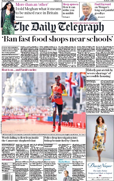 The Daily Telegraph Newspaper Front Page (UK) for 24 April 2018