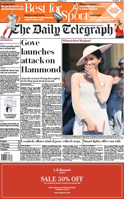 The Daily Telegraph Newspaper Front Page (UK) for 24 May 2018