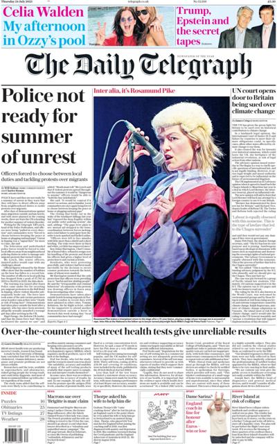 The Daily Telegraph Newspaper Front Page (UK) for 24 July 2025