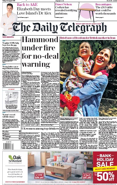 The Daily Telegraph Newspaper Front Page (UK) for 24 August 2018