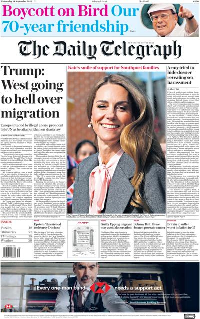 The Daily Telegraph Newspaper Front Page (UK) for 24 September 2025