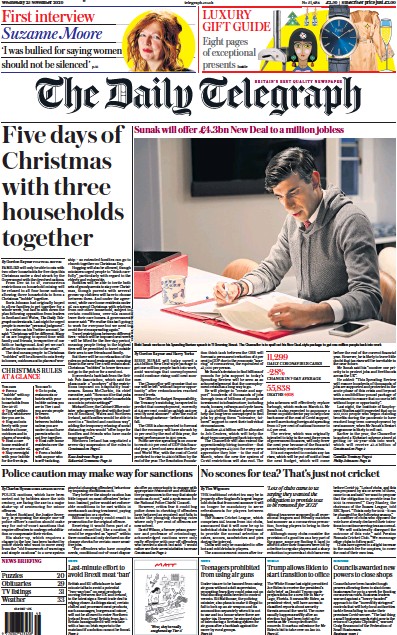 The Daily Telegraph Newspaper Front Page (UK) for 25 November 2020