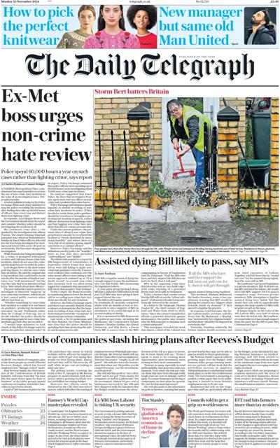 The Daily Telegraph Newspaper Front Page (UK) for 25 November 2024