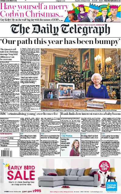 The Daily Telegraph Newspaper Front Page (UK) for 25 December 2019