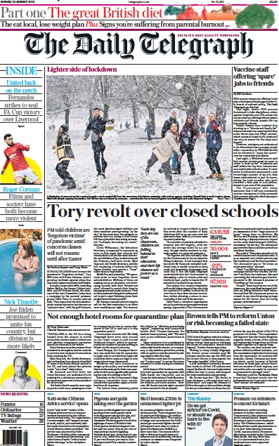 The Daily Telegraph Newspaper Front Page (UK) for 25 January 2021