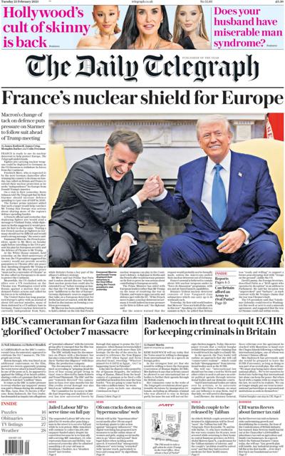 The Daily Telegraph Newspaper Front Page (UK) for 25 February 2025