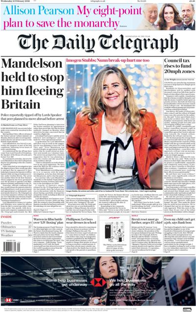 The Daily Telegraph Newspaper Front Page (UK) for 25 February 2026