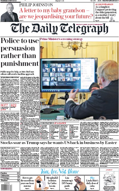 The Daily Telegraph Newspaper Front Page (UK) for 25 March 2020